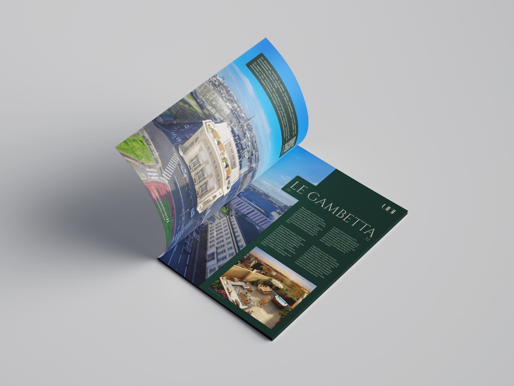 Double page d'introduction avec vue aérienne du quartier